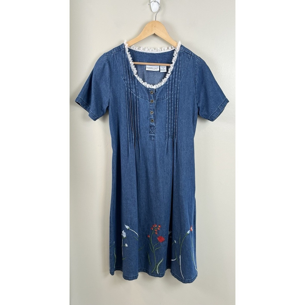 Country Store Embroidered Floral Denim‎ Midi Dress S Lace 100% Cotton Pintuck